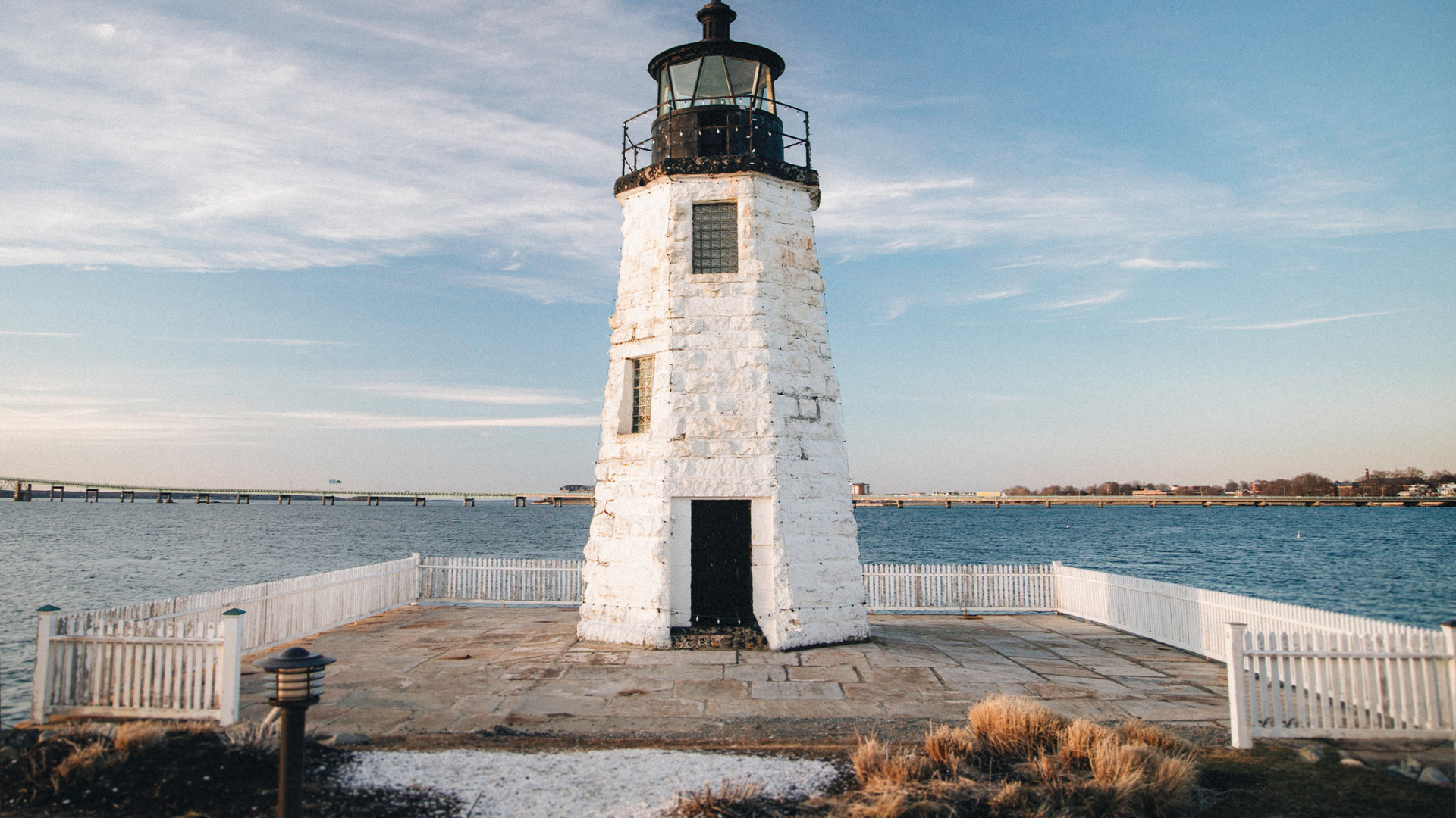 A weathered lighthouse on Goat Island, RI.