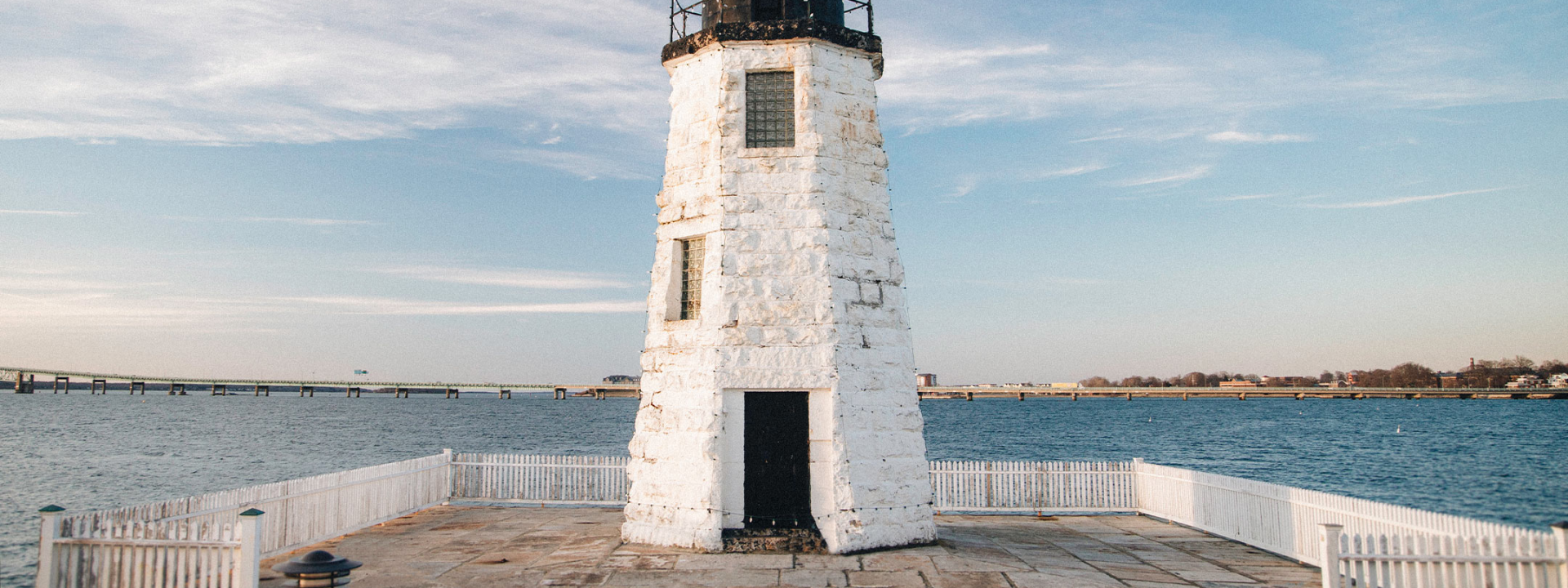 A weathered lighthouse on Goat Island, RI.