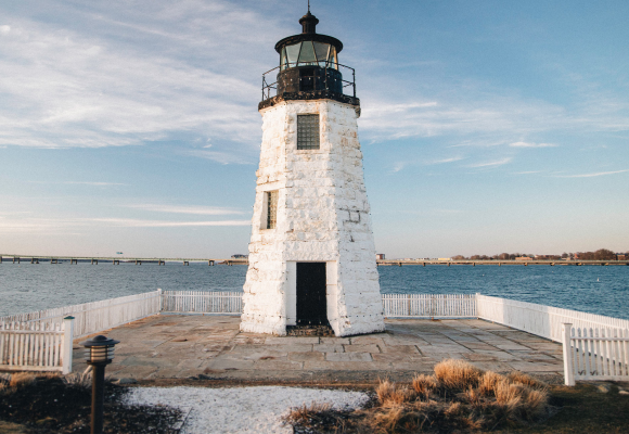 A weathered lighthouse on Goat Island, RI.
