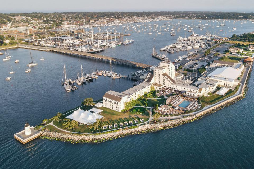 An aerial view of Goat Island in Newport, RI.