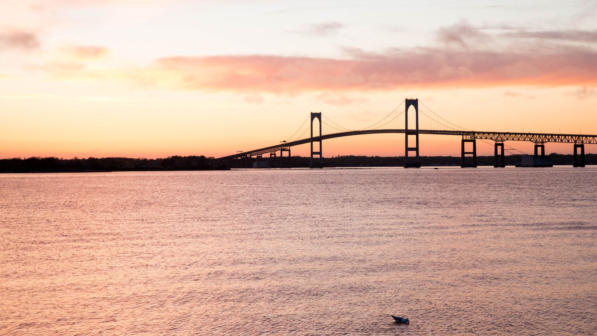 The Claiborne Pell Bridge at sunset.