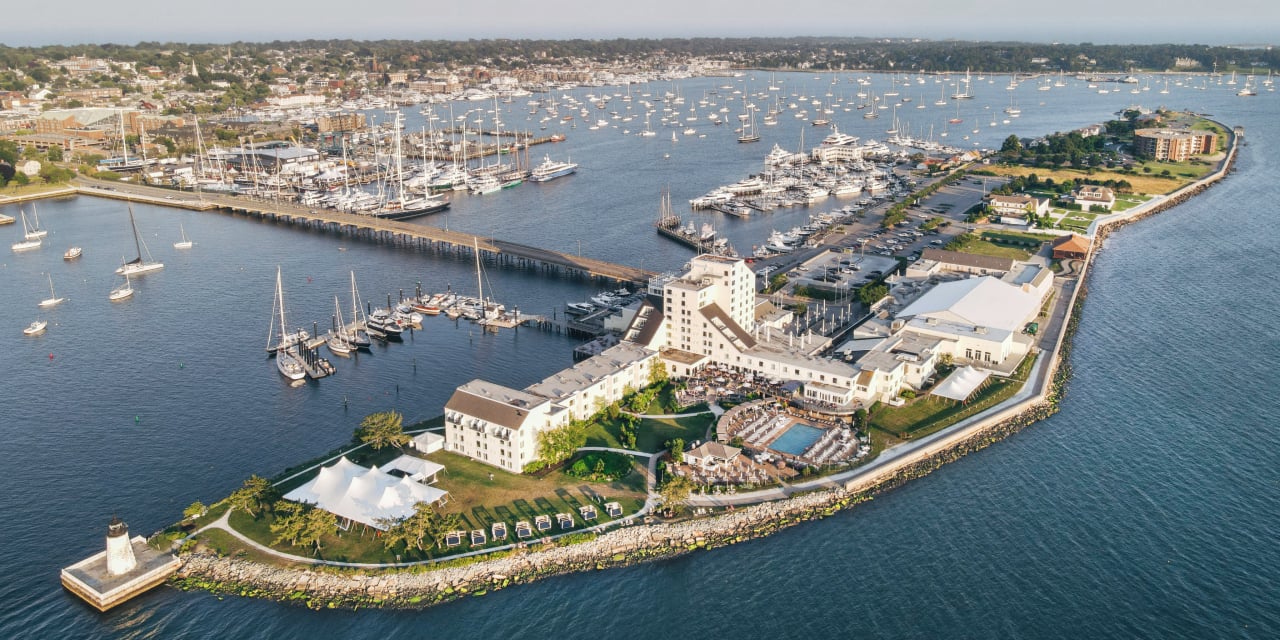 An aerial view of Goat Island in Newport, RI.