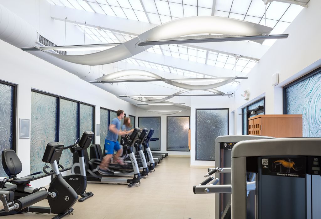 A well-equipped gym with modern exercise machines and a skylight.
