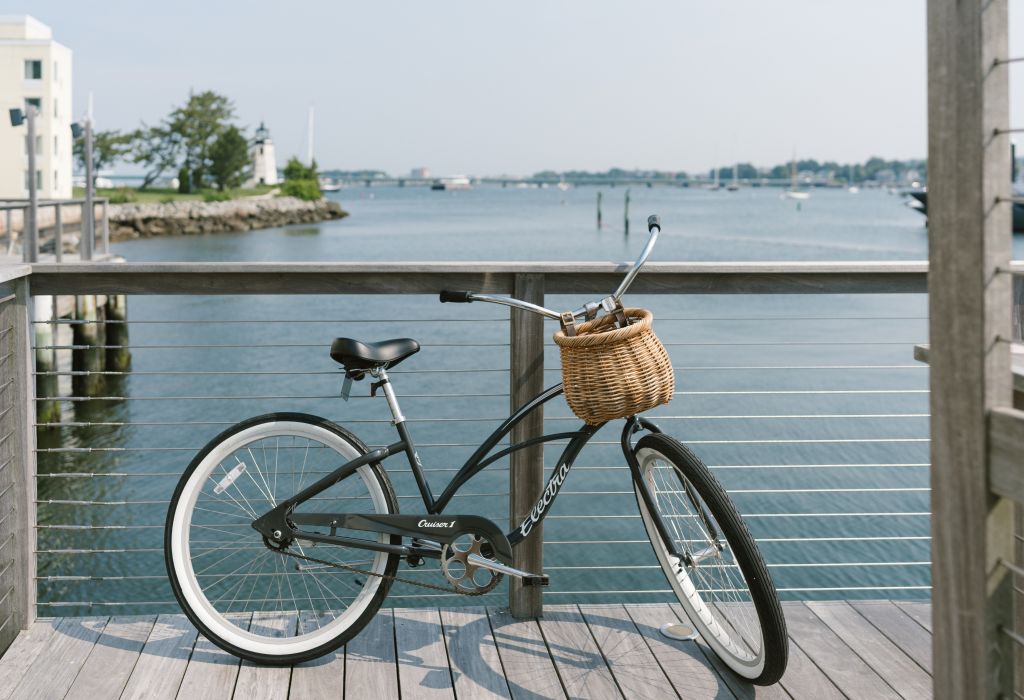 a bicycle with a wicker basket on the handlebars is parked on a wooden dock overlooking a body of water