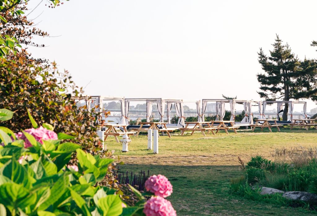 A grassy area with picnic tables and canopies overlooking the water.