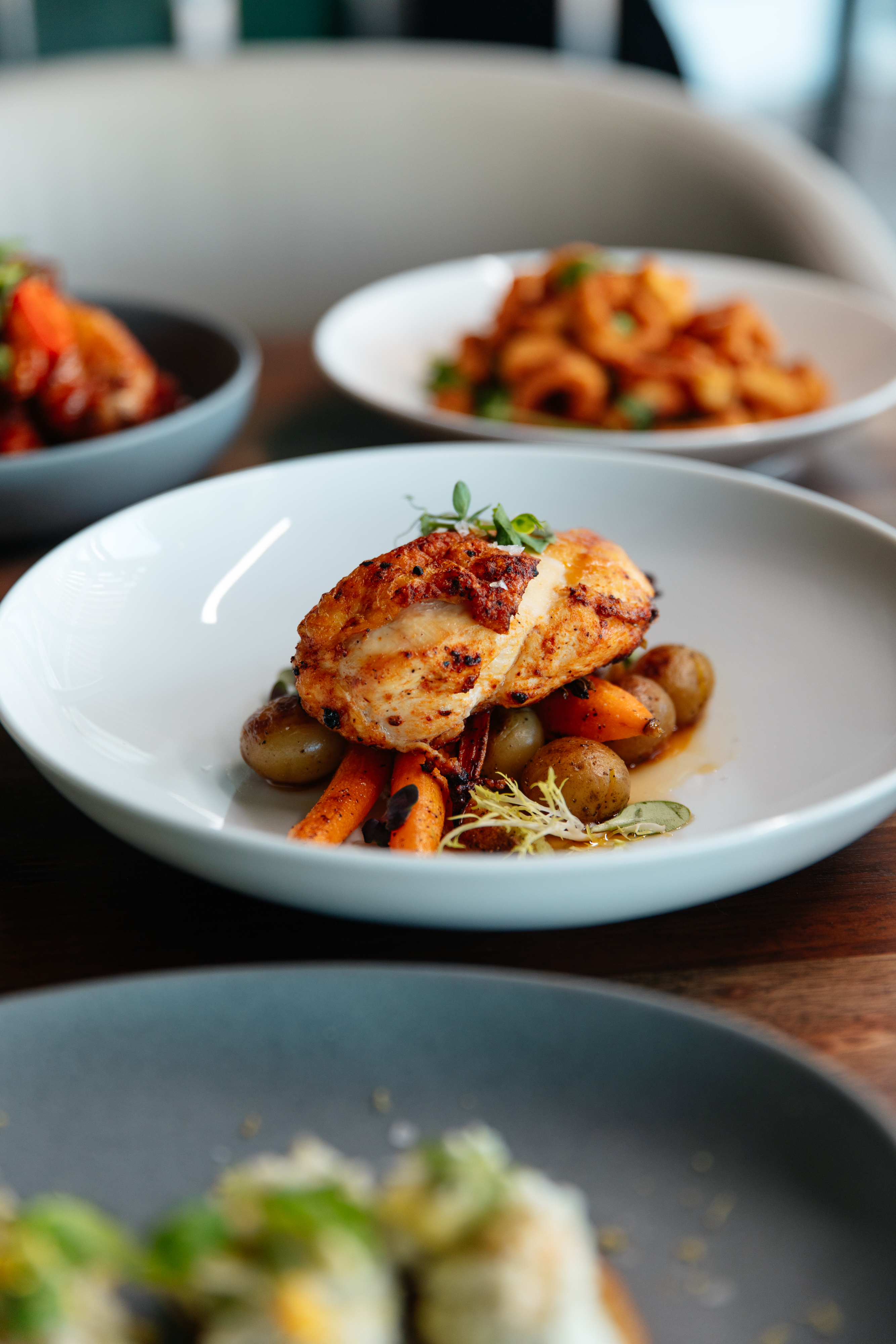 A plated dish of chicken and vegetables.